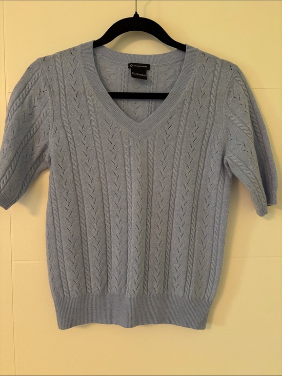 Cashmere Clouds Sweaters - Cashmere Clouds Sky Blue V-Neck Short Sleeve Cable Sweater